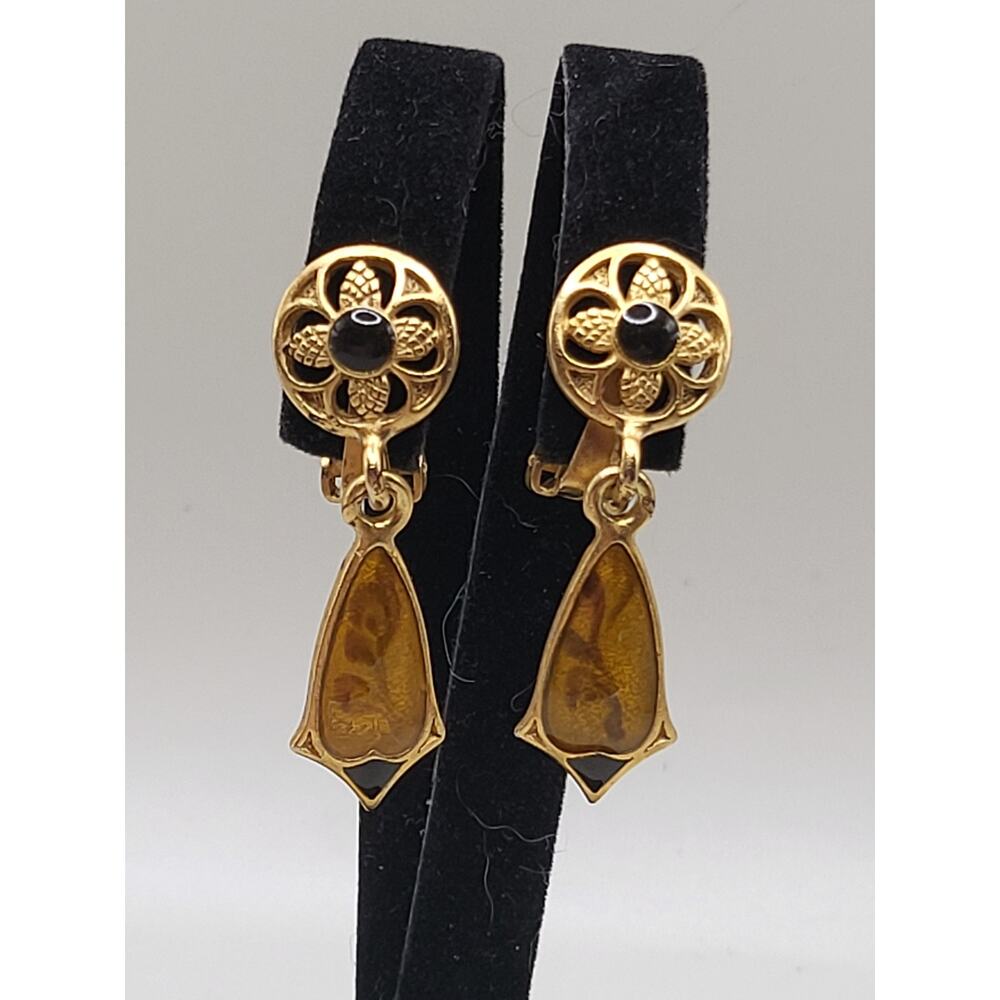 Vintage Gold-Tone Enamel Drop Earrings Art Deco Revival Black Amber look